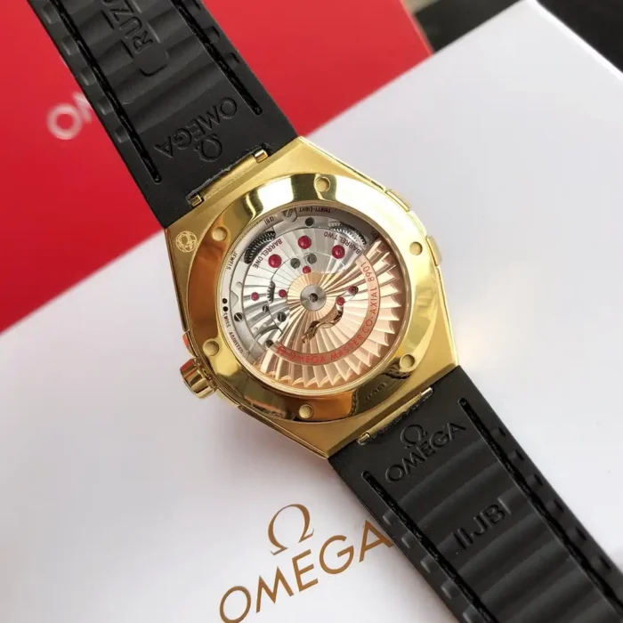 Caseback view showing Co-Axial movement through sapphire crystal