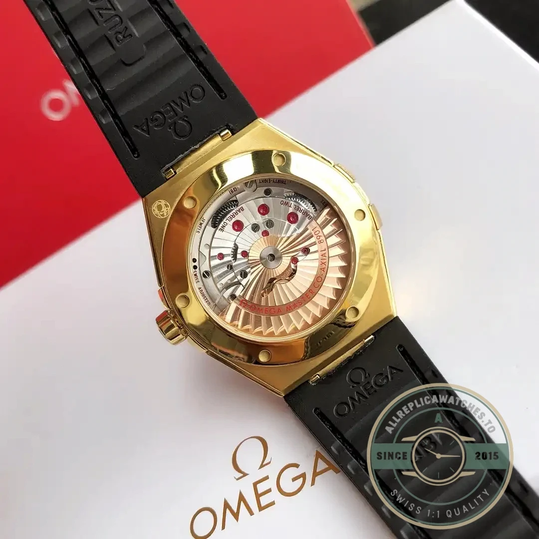 Caseback view showing Co-Axial movement through sapphire crystal