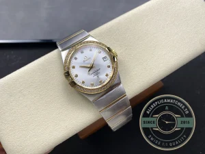 Close-up of steel bezel and dial markers