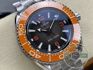 Complete front view showing orange dial and bezel ring