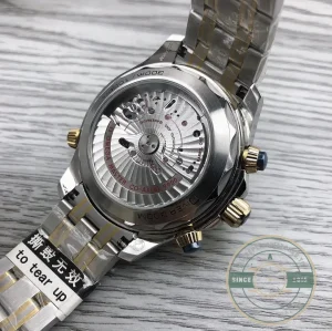 Caseback view showing Co-Axial movement through sapphire crystal