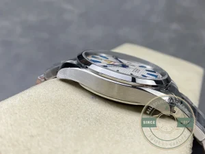 Close-up of steel bezel and dial markers