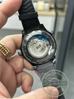 Caseback view showing Co-Axial movement through sapphire crystal