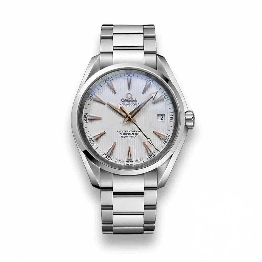 Omega Aqua Terra 42mm white dial replica 231.10.42.22.02.001, vertical teak dial, rose gold tone hands, date at 3