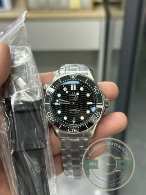 Omega Seamaster Black on wrist in natural lighting