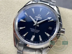 Complete front view showing blue dial and bezel ring