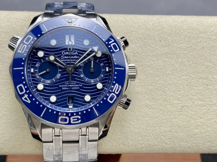 Complete front view showing blue dial and bezel ring