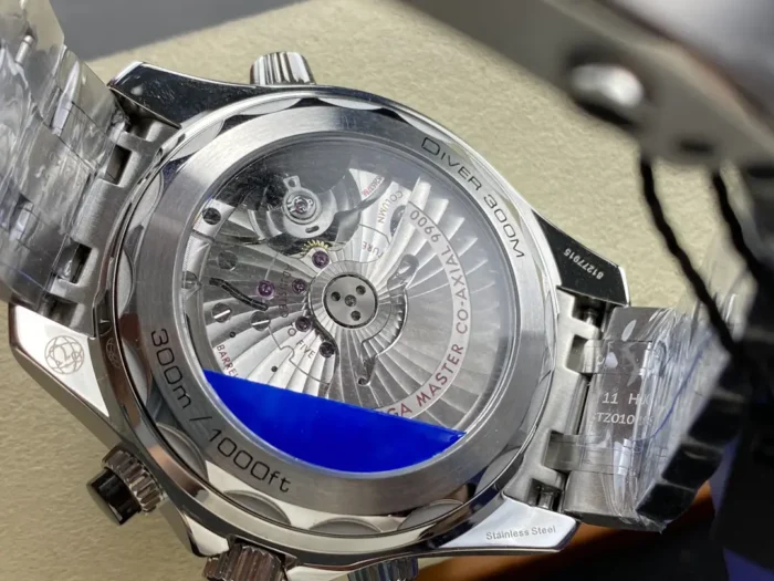 Caseback view showing Co-Axial movement through sapphire crystal