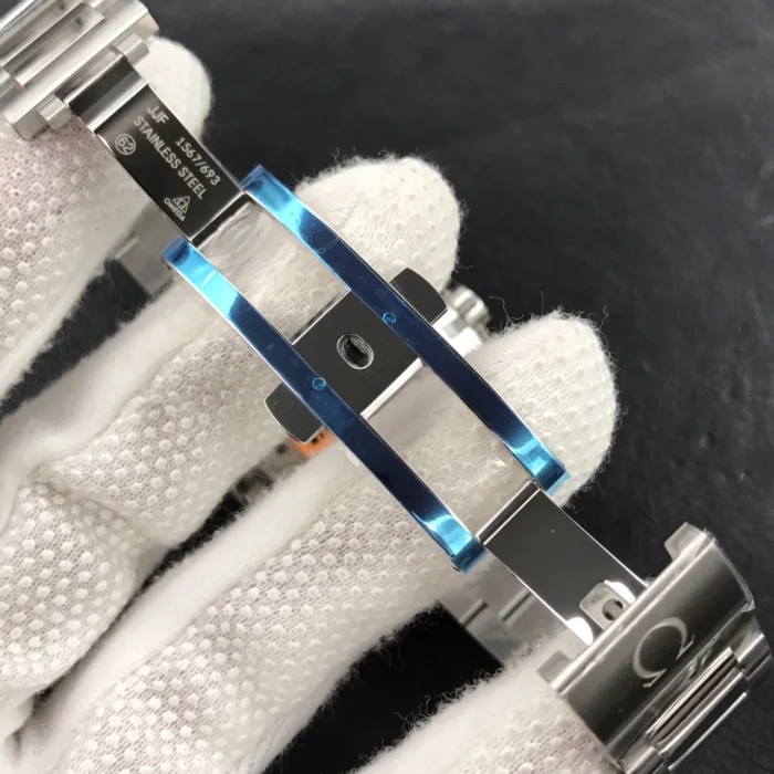 Complete front view showing blue dial and bezel ring
