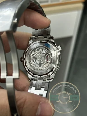 Caseback view showing Co-Axial movement through sapphire crystal