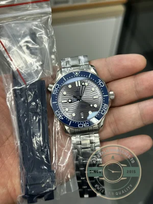 Omega Seamaster Grey on wrist in natural lighting