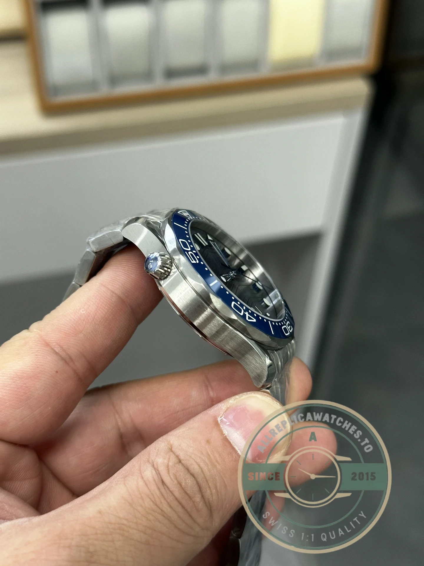 Close-up of steel bezel and dial markers