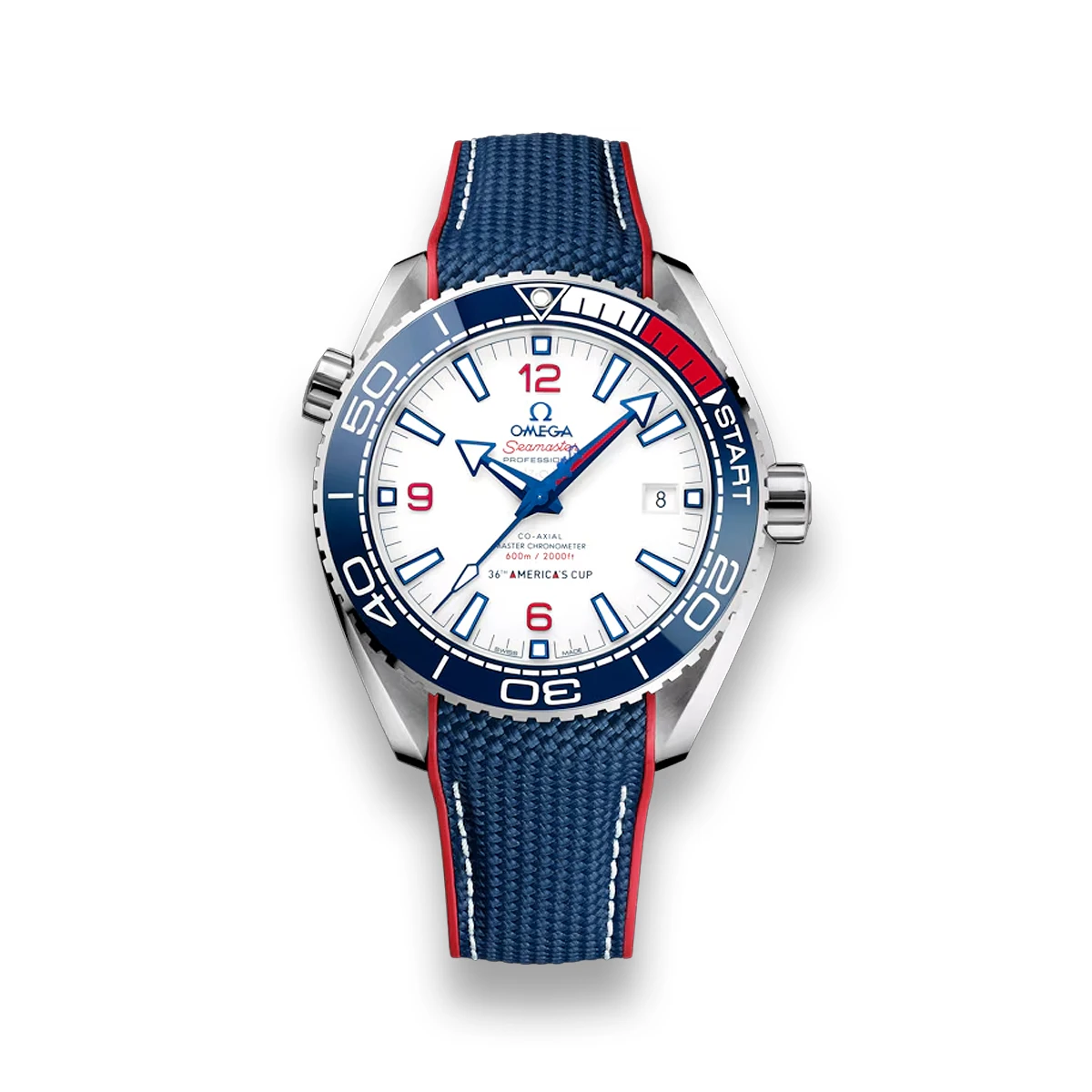 Omega Planet Ocean America's Cup replica 215.32.43.21.04.001, white dial, blue bezel with red START segment
