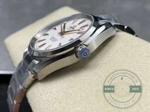 Close-up of steel bezel and dial markers