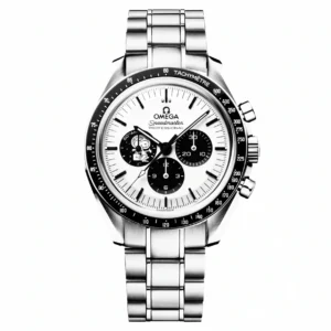 Snoopy Omega replica 310.32.42.50.02.001, white dial, black counters, Snoopy at 9, black bezel, bracelet
