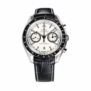 Speedmaster Racing white dial replica 329.33.44.51.04.001, black ringed counters, black bezel, embossed leather strap