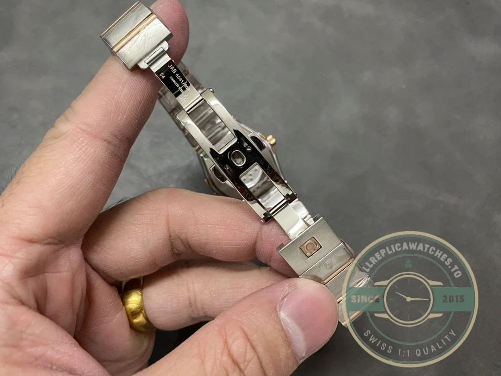 Caseback view showing Co-Axial movement through sapphire crystal