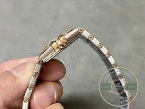 Close-up of steel bezel and dial markers