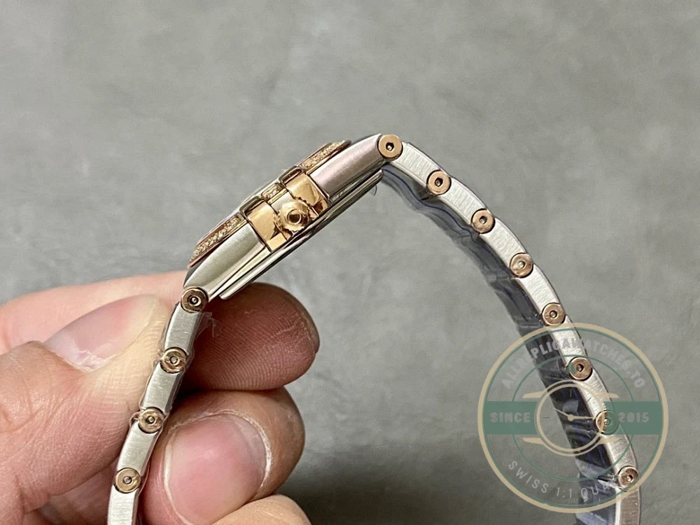 Close-up of steel bezel and dial markers