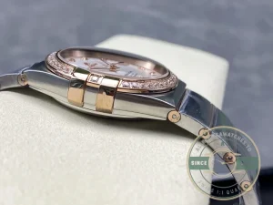 Caseback view showing Co-Axial movement through sapphire crystal