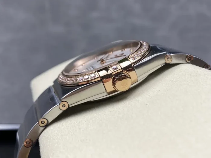 Close-up of steel bezel and dial markers