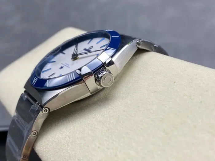 Close-up of steel bezel and dial markers