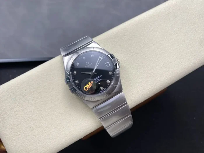 Close-up of steel bezel and dial markers