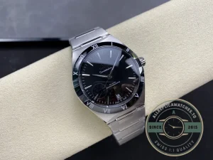 Complete front view showing black dial and bezel ring