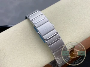 Close-up of steel bezel and dial markers