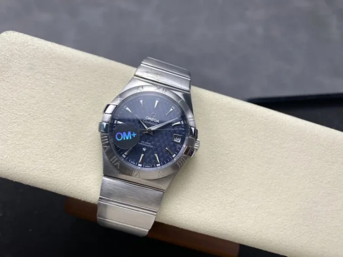 Complete front view showing blue dial and bezel ring