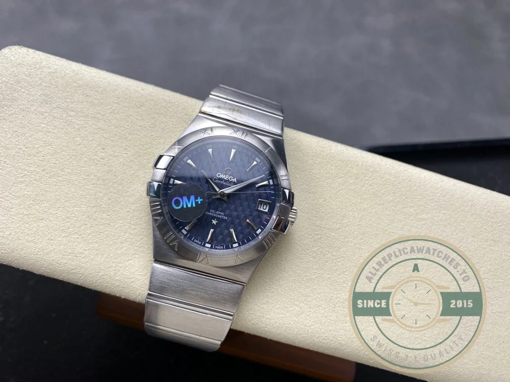 Complete front view showing blue dial and bezel ring