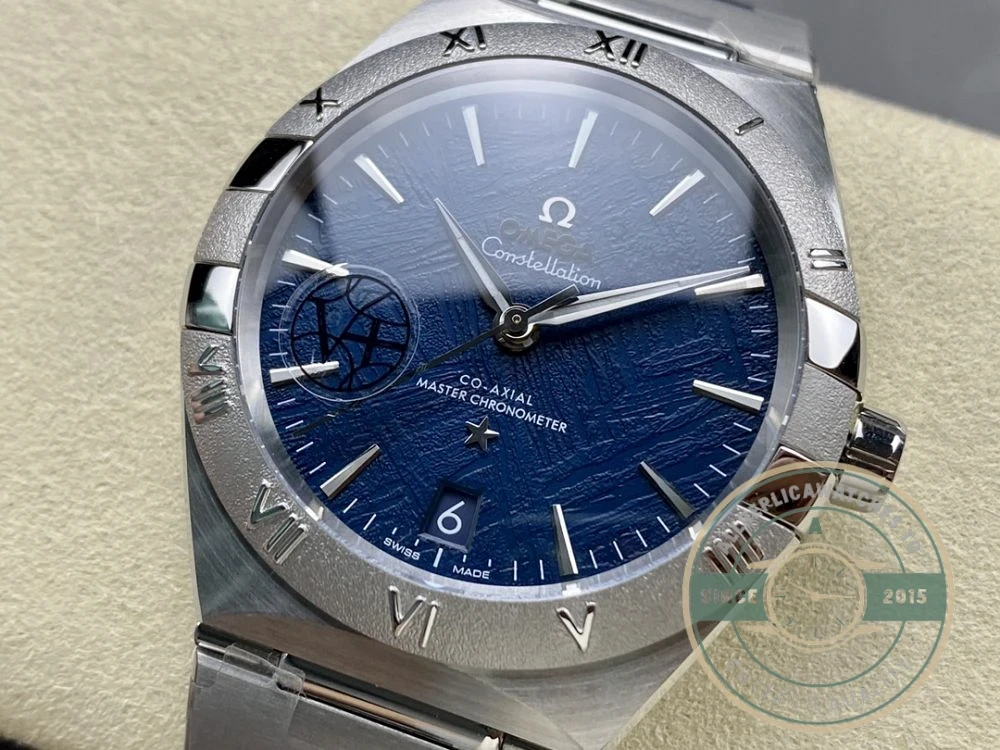 Complete front view showing blue dial and bezel ring