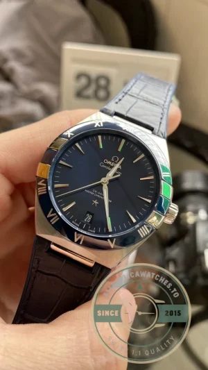 Complete front view showing blue dial and bezel ring