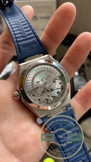 Caseback view showing Co-Axial movement through sapphire crystal