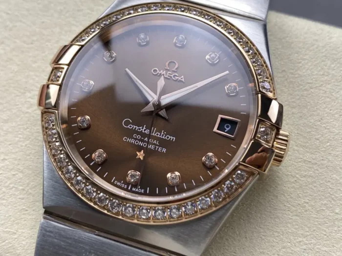 Omega Constellation Brown on wrist in natural lighting