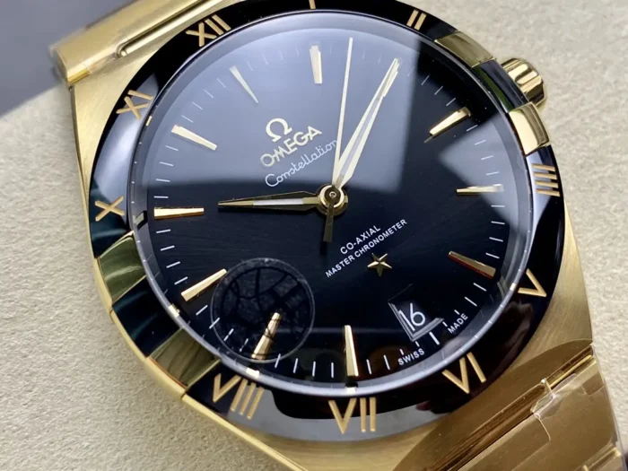 Close-up of steel bezel and dial markers