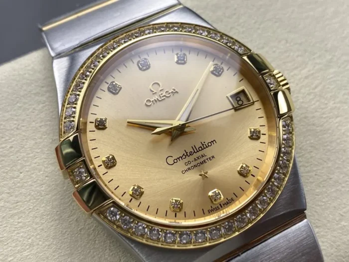 Complete front view showing gold dial and bezel ring