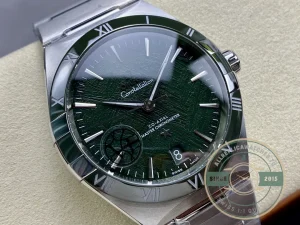 Complete front view showing green dial and bezel ring