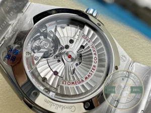 Caseback view showing Co-Axial movement through sapphire crystal