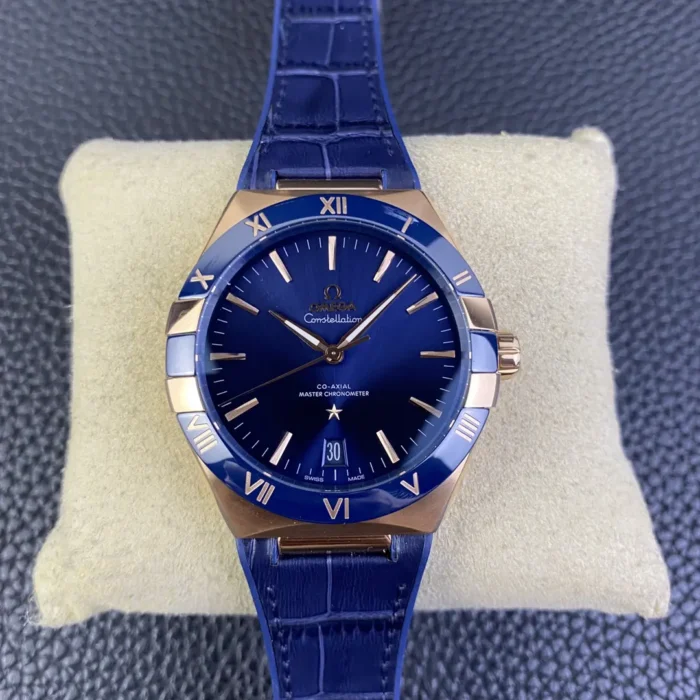Complete front view showing blue dial and bezel ring