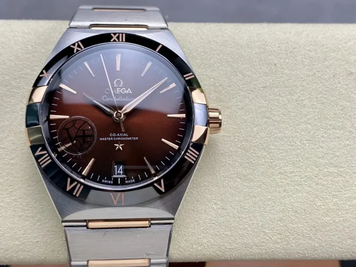Complete front view showing red dial and bezel ring