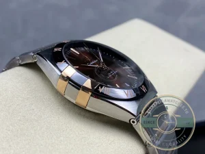 Caseback view showing Co-Axial movement through sapphire crystal