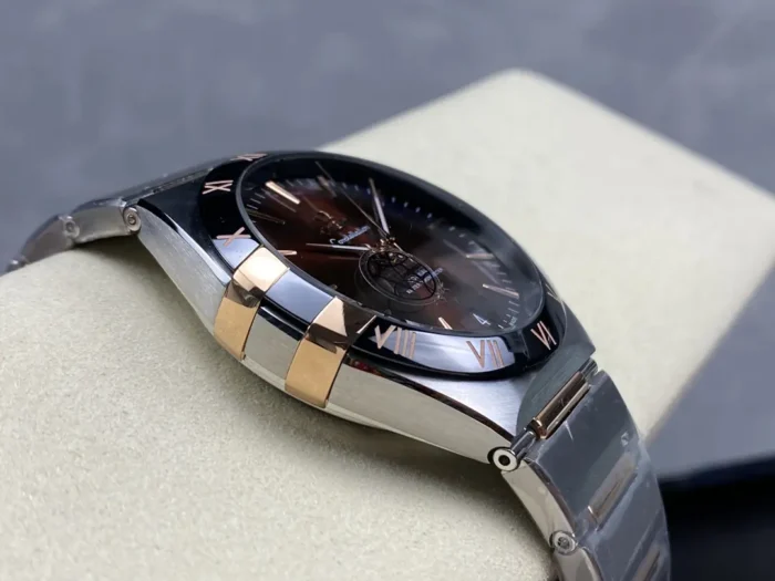 Caseback view showing Co-Axial movement through sapphire crystal