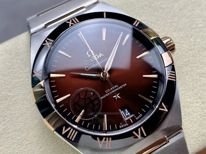 Omega Constellation Red on wrist in natural lighting