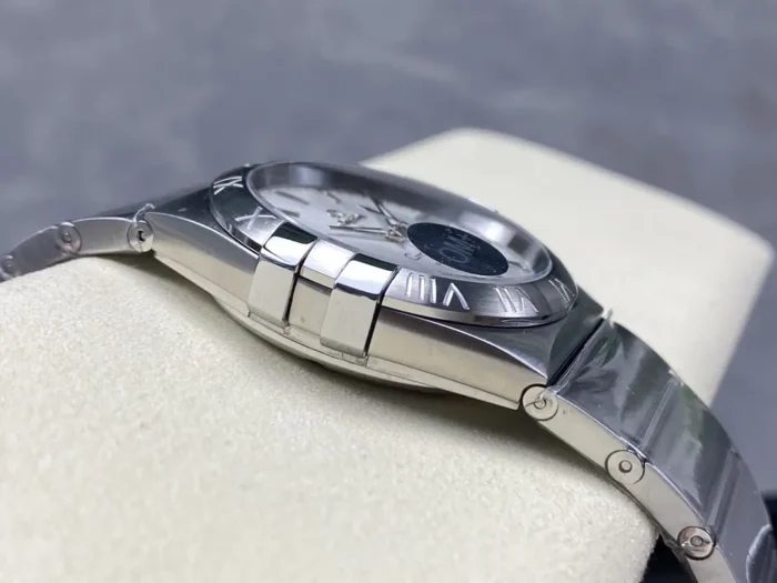 Close-up of steel bezel and dial markers