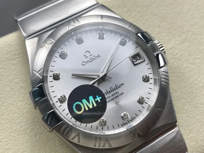 Close-up of steel bezel and dial markers