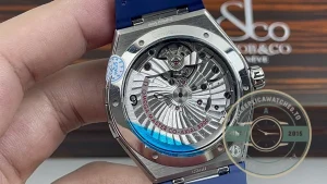 Caseback view showing Co-Axial movement through sapphire crystal