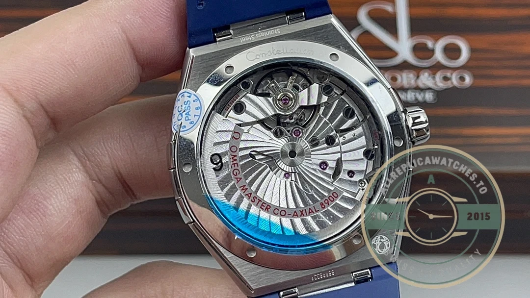Caseback view showing Co-Axial movement through sapphire crystal
