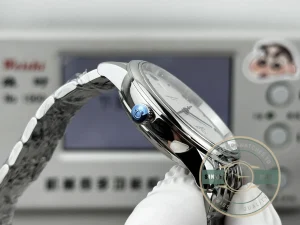 Complete front view showing white dial and bezel ring