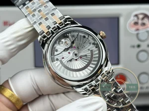 Dial macro showing rose gold applied hour indices